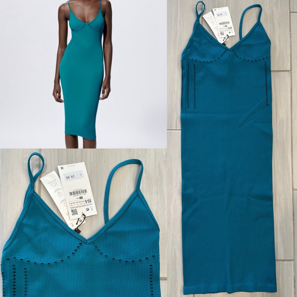 New with Tags XS/S Zara Teal Seamless Perforated Midi Dress